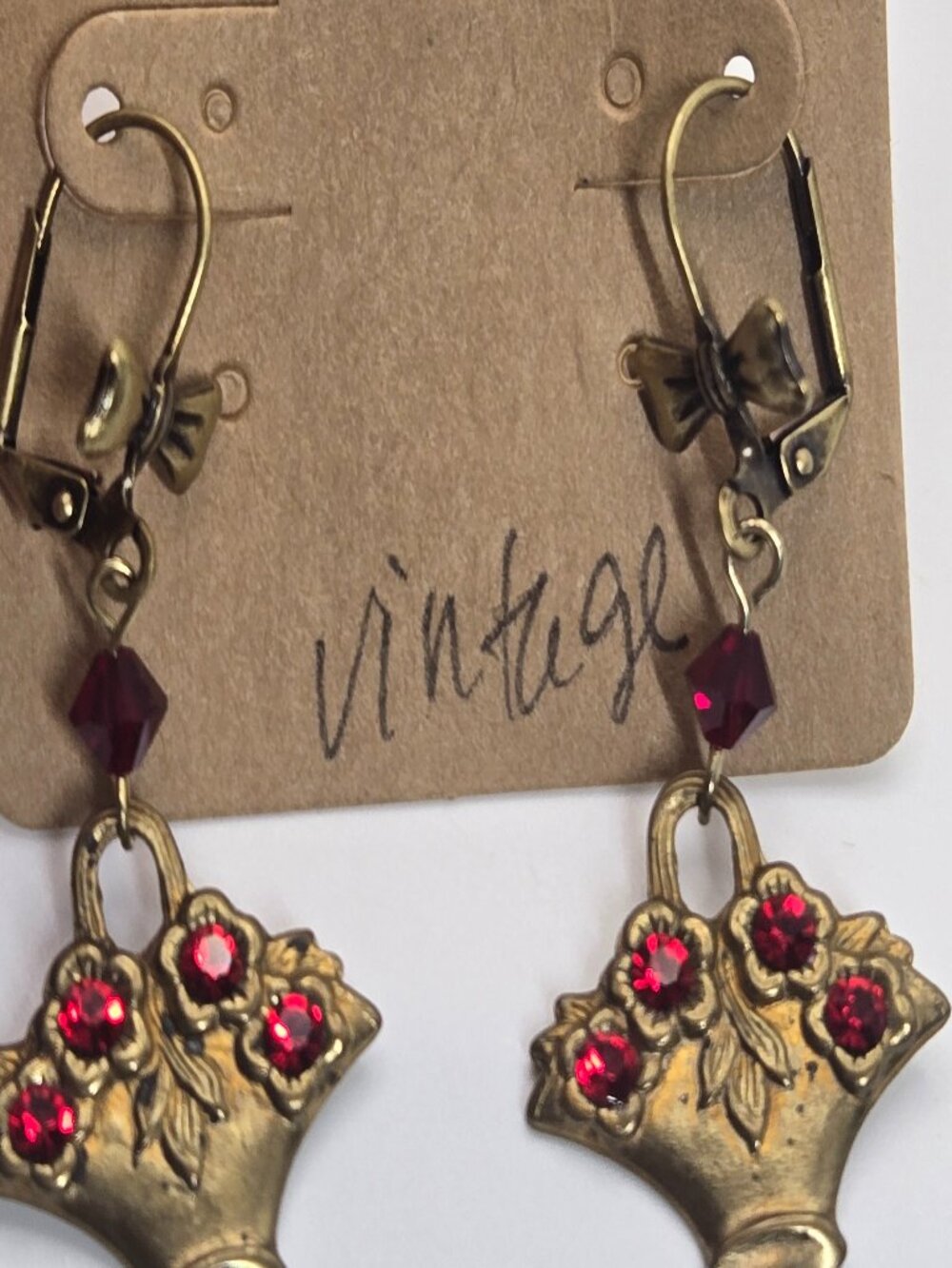 Vintage Floral Basket Earrings in Gold & Red Tone with Gems Handmade Item 78